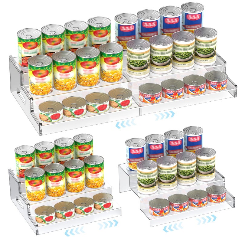 Yecuip Expandable Can Rack Organizer for Pantry, 3-Tier Adjustable Acrylic Can Storage Holder, Holds Up to 24 Cans, Canned Food Organizer for Cabinet, Countertop, Kitchen - Image 1