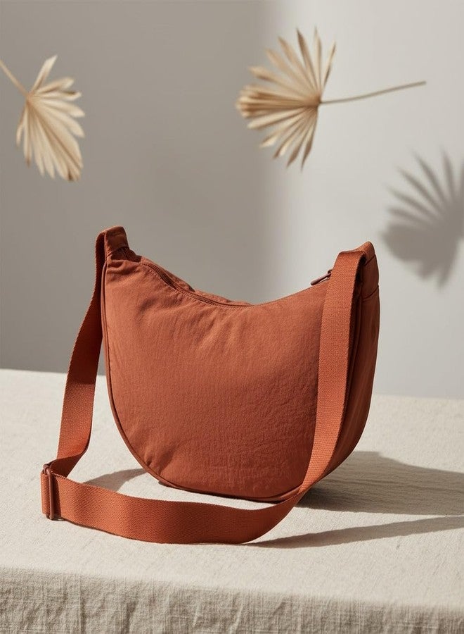GUKA Crescent Half-Moon Crossbody Sling Bag, Beige Canvas Fabric, Adjustable Strap, Zip Compartment, 33x19x10 cm (Orange) - Image 5
