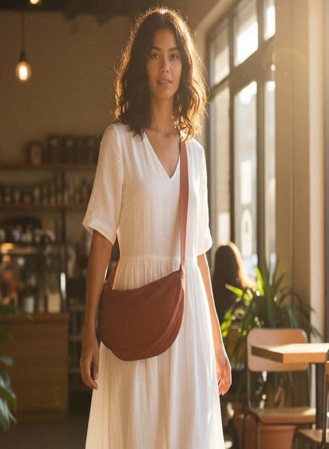 GUKA Crescent Half-Moon Crossbody Sling Bag, Beige Canvas Fabric, Adjustable Strap, Zip Compartment, 33x19x10 cm (Orange) - Image 2