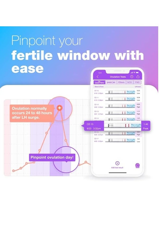 إيزي آت هوم مجموعة اختبار التبويض والخصوبة: إيزي@هوم 10 شريط اختبار LH دقيق لتحديد الخصوبة للنساء - مدعوم بتطبيق تتبع التبويض بريميم.  - Image 2