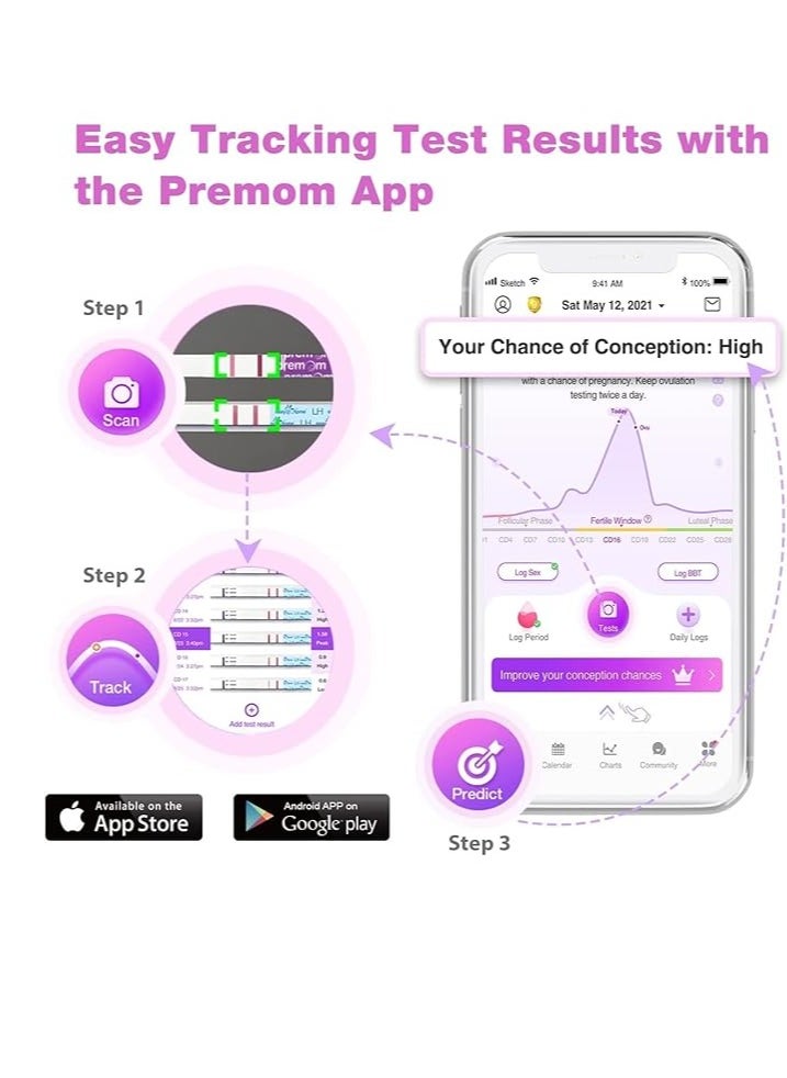 إيزي آت هوم مجموعة اختبار التبويض والخصوبة: إيزي@هوم 10 شريط اختبار LH دقيق لتحديد الخصوبة للنساء - مدعوم بتطبيق تتبع التبويض بريميم.  - Image 3