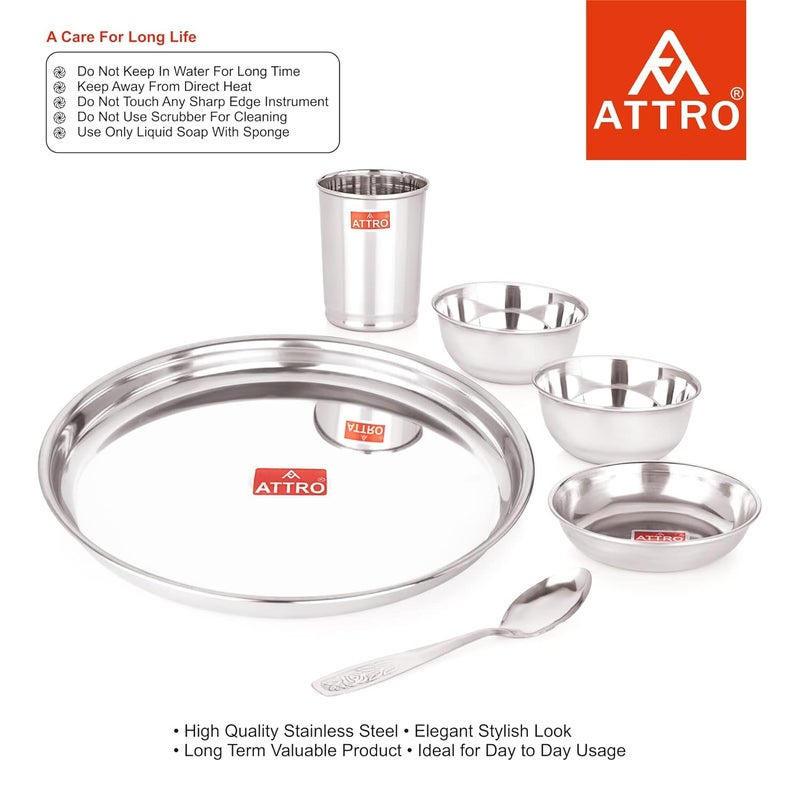 ATTRO طقم عشاء ذكي من الفولاذ المقاوم للصدأ 6 قطع - طقم عشاء 1 صحن 1 طبق 2 وعاء 1 كوب 1 ملعقة - طقم مطبخ للمنزل والمطاعم والعائلات فضي - Image 2