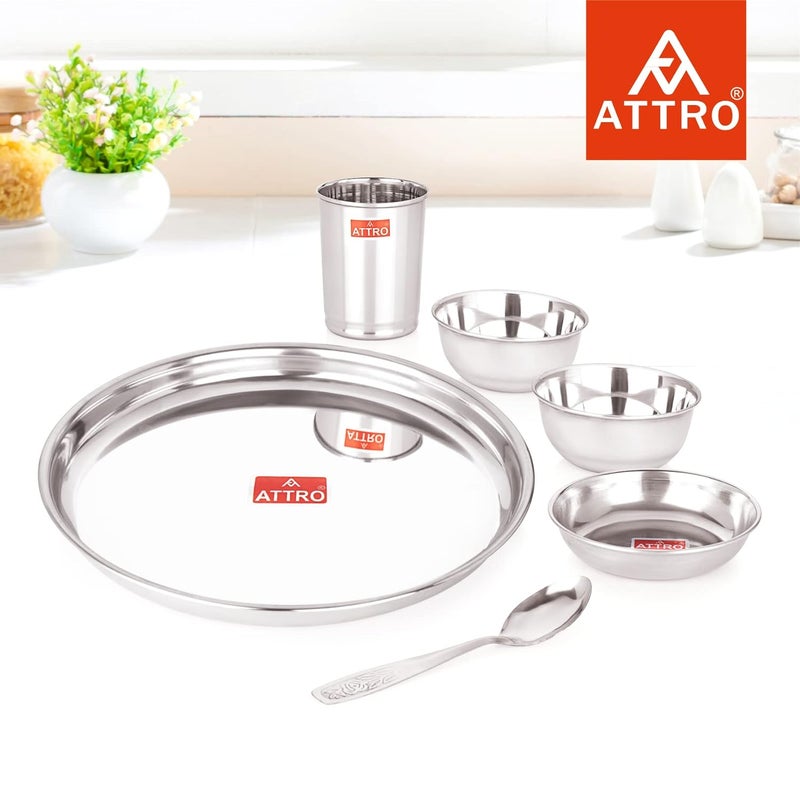 ATTRO طقم عشاء ذكي من الفولاذ المقاوم للصدأ 6 قطع - طقم عشاء 1 صحن 1 طبق 2 وعاء 1 كوب 1 ملعقة - طقم مطبخ للمنزل والمطاعم والعائلات فضي - Image 4
