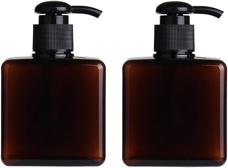 2PCS 250ML/8.4oz Amber Square Pump Bottle Empty Plastic Lotion Dispenser Toiletries Storage Containers Refillable Pump Bottles for Dispensing Lotions Shampoos