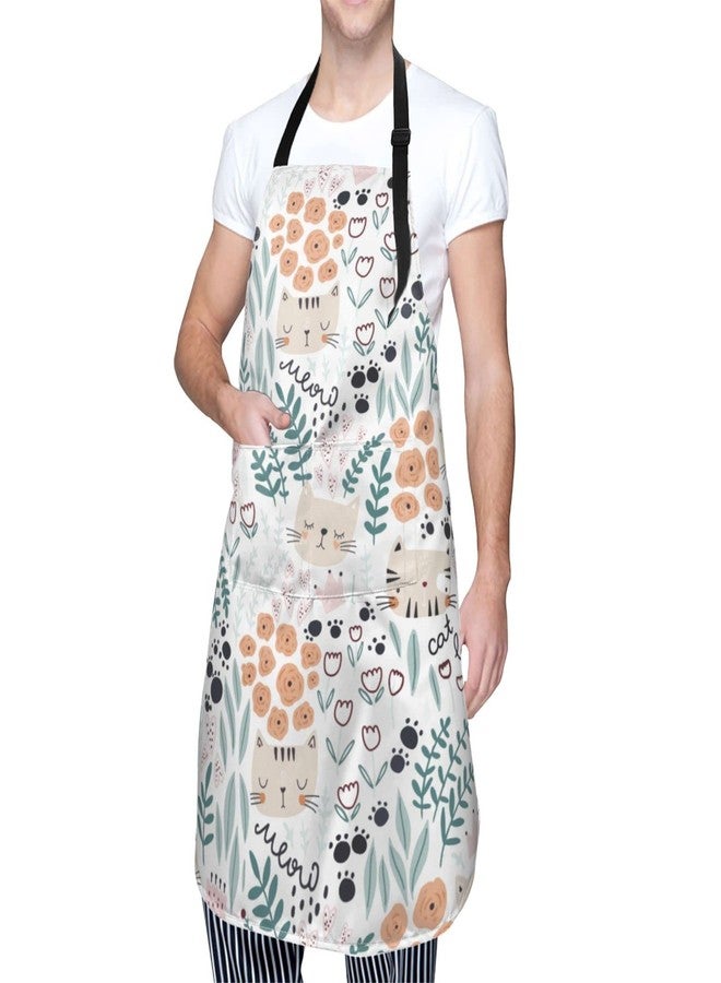 Wisedeal Cat and Floral Waterproof Adjustable Bib Apron with 2 Pockets, Cooking Grooming BBQ Kitchen Chef Apron for Men Women - Image 1
