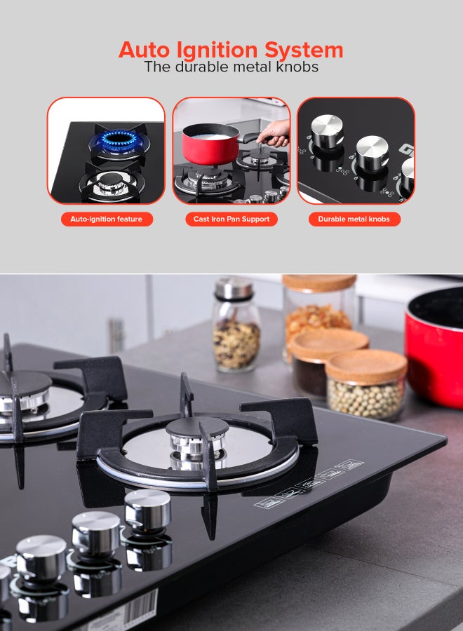 GEEPAS 5-Burner Gas Hob - Attractive Design, 8mm Tempered Glass Worktop - Automatic Ignition, 5 Heating Zones |Ergonomic Design, Stainless Steel Body GGC31011 Black - Image 4