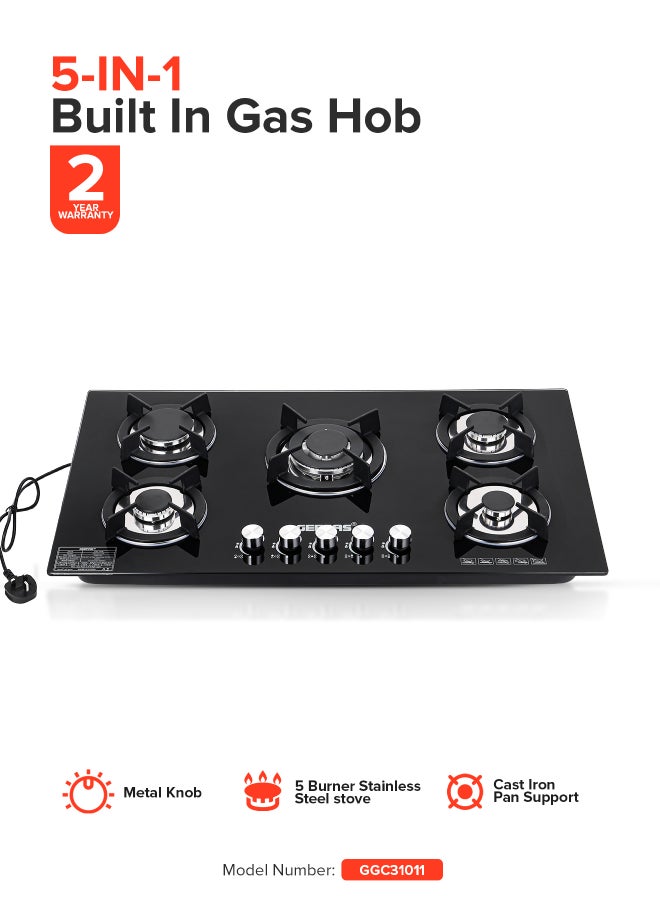 GEEPAS 5-Burner Gas Hob - Attractive Design, 8mm Tempered Glass Worktop - Automatic Ignition, 5 Heating Zones |Ergonomic Design, Stainless Steel Body GGC31011 Black - Image 1