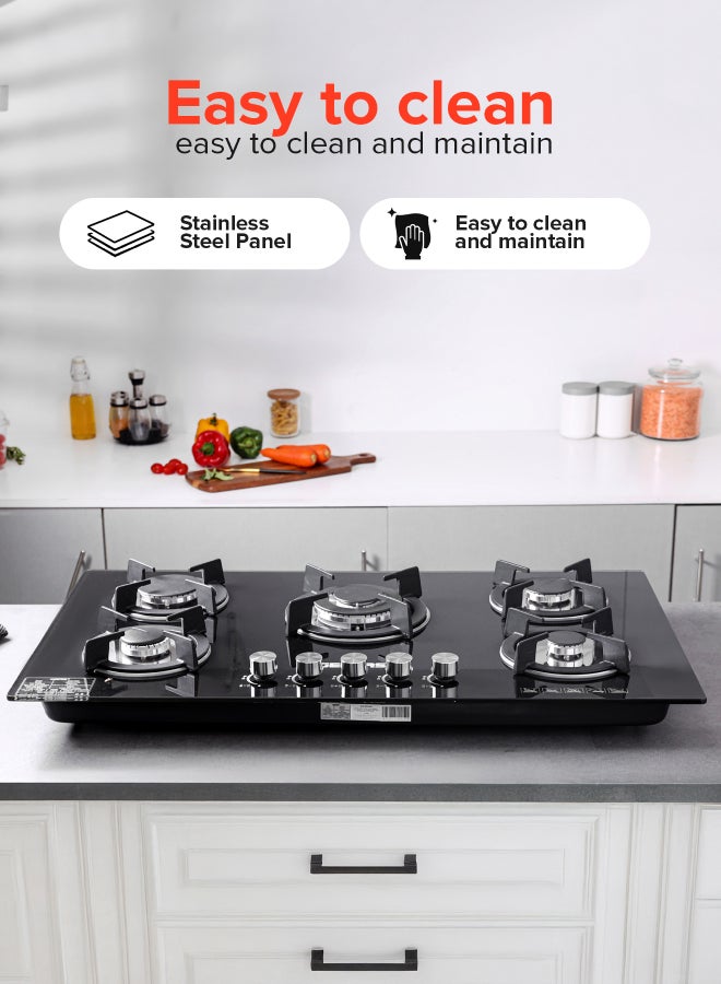 GEEPAS 5-Burner Gas Hob - Attractive Design, 8mm Tempered Glass Worktop - Automatic Ignition, 5 Heating Zones |Ergonomic Design, Stainless Steel Body GGC31011 Black - Image 5