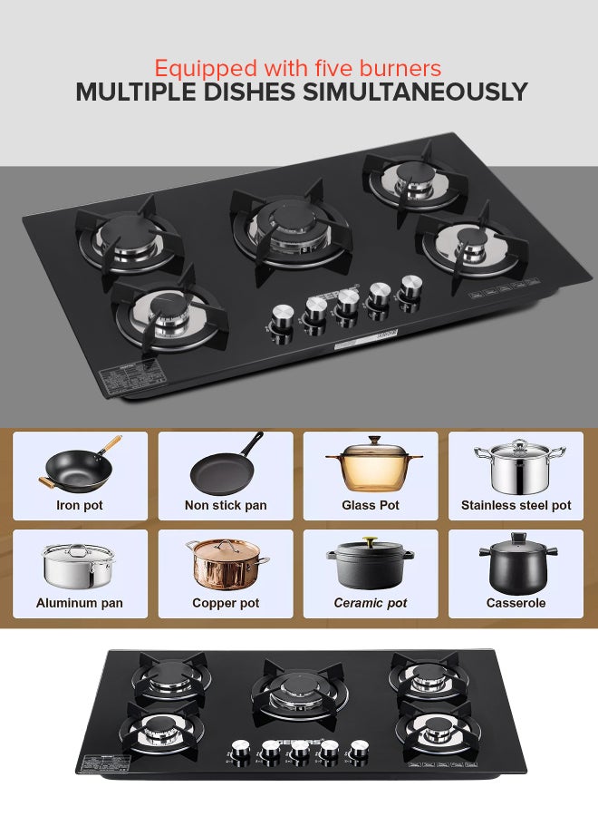 GEEPAS 5-Burner Gas Hob - Attractive Design, 8mm Tempered Glass Worktop - Automatic Ignition, 5 Heating Zones |Ergonomic Design, Stainless Steel Body GGC31011 Black - Image 3