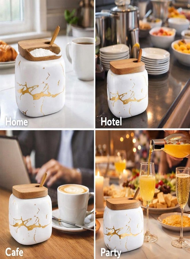 JFFLYIT Marble Ceramics Sugar Bowl Ceramic Seasoning Box Ceramic Spice Jars Porcelain Condiment Pots with Lid and Spoon (White) - Image 2
