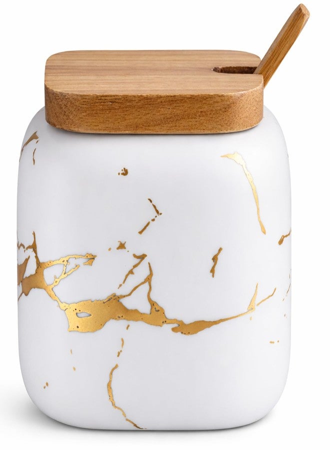 JFFLYIT Marble Ceramics Sugar Bowl Ceramic Seasoning Box Ceramic Spice Jars Porcelain Condiment Pots with Lid and Spoon (White) - Image 1