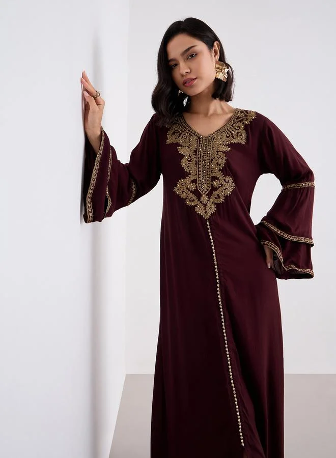 Styli Styli Layered Flare Sleeve Jalabiya with Thread Embroidery