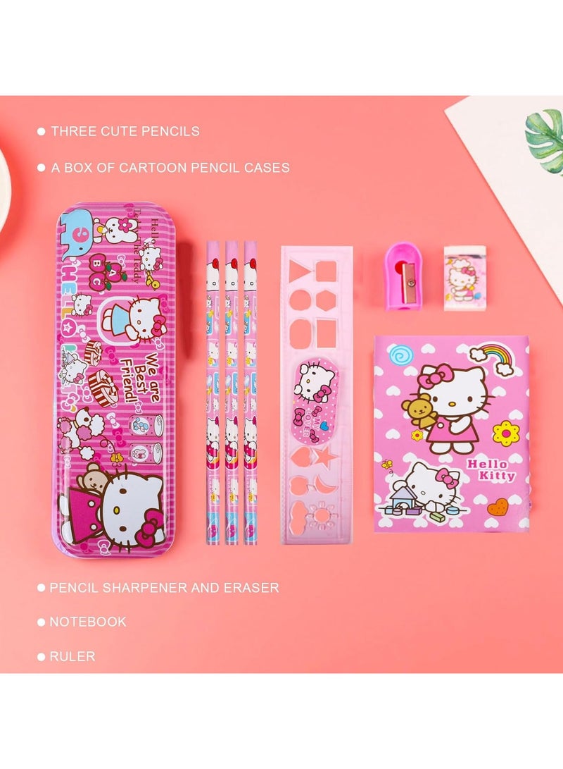 عام لوازم مدرسية للبنات لطيفة، 8 قطع مستلزمات قرطاسية بتصميمات كرتونية للقطط الوردية لوازم عودة إلى المدرسة، مجموعة لوازم طالب هدية - Image 3