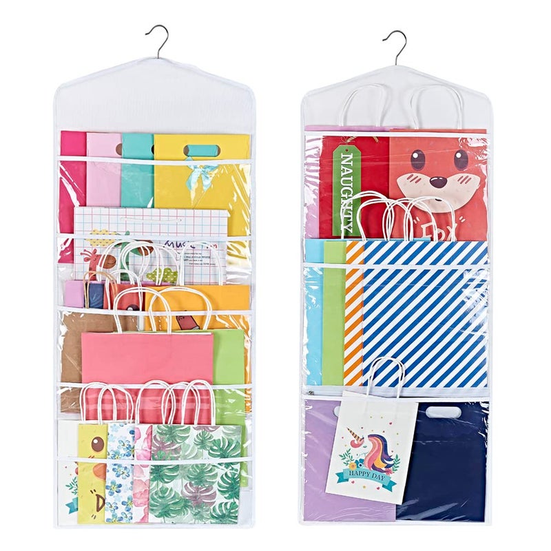 ProPik Hanging Double Sided Gift Bag Storage Organizer with Multiple Front and Back Pockets  Organize Your Gift Wrap Tissue Paper and Paper Bags 38 x 16 Inch PVC White