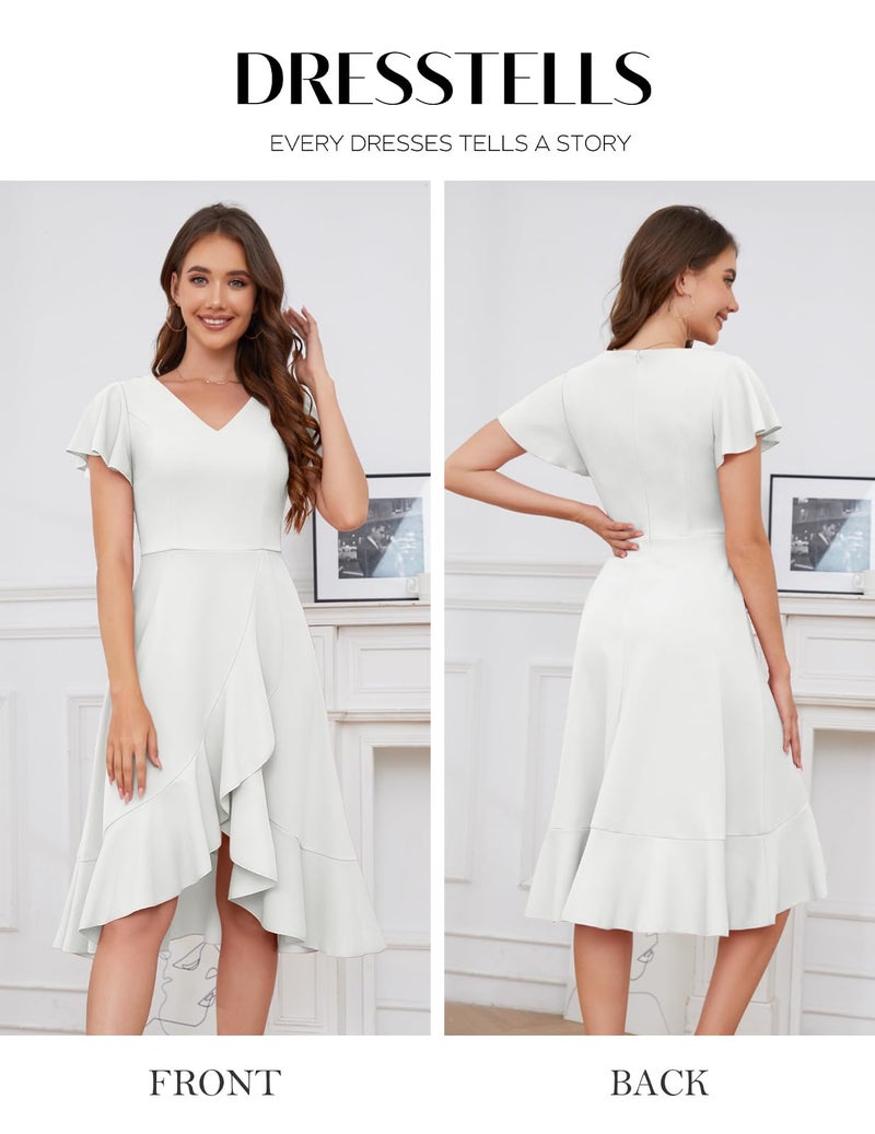 DRESSTELLS Cocktail Dresses for Women, Wedding Guest Graduation Evening Party Fit Flare High Low Ruffle Mother Bride Prom Church Prom Easter Summer Dress White XL - Image 3