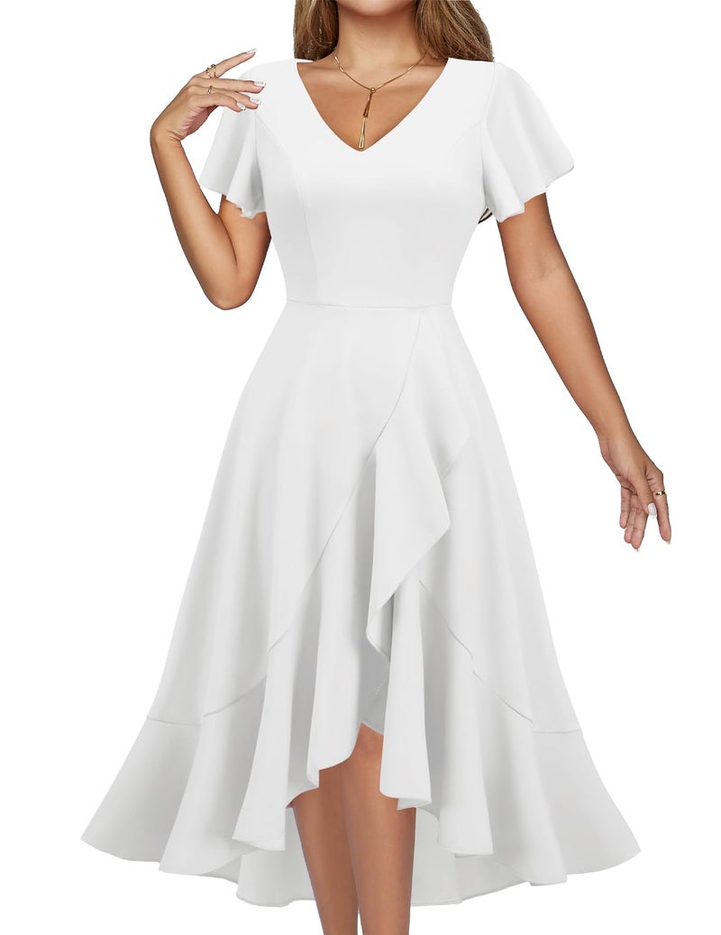 DRESSTELLS Cocktail Dresses for Women, Wedding Guest Graduation Evening Party Fit Flare High Low Ruffle Mother Bride Prom Church Prom Easter Summer Dress White XL - Image 1