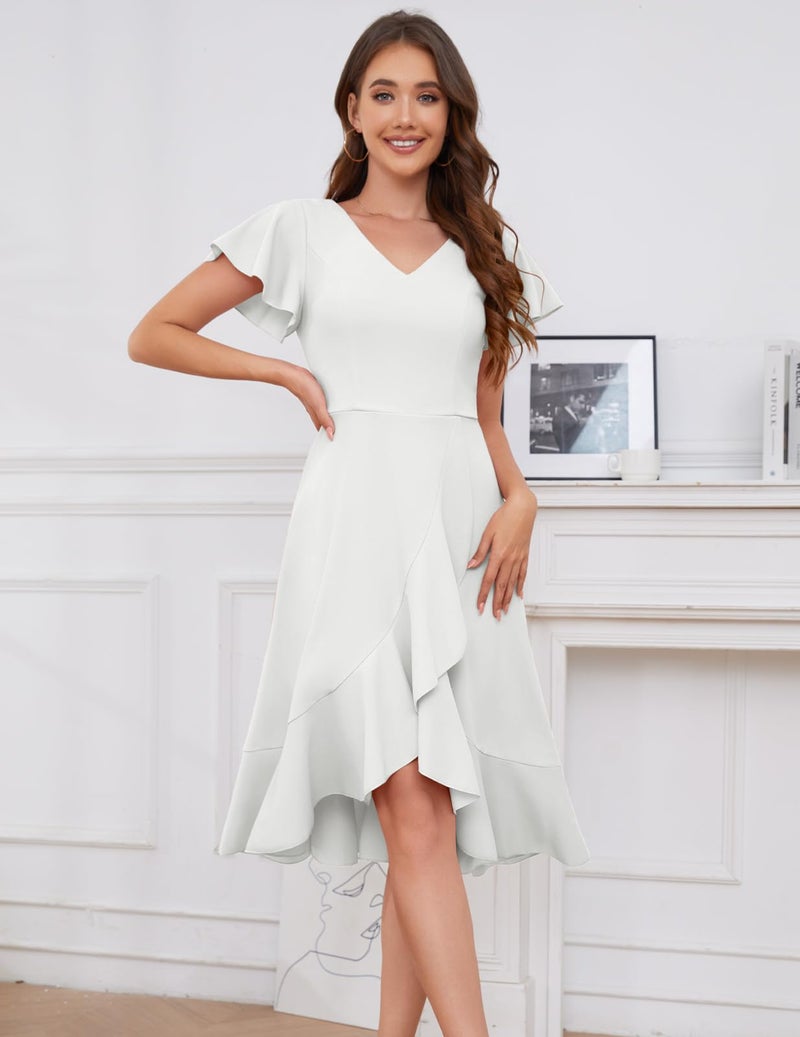 DRESSTELLS Cocktail Dresses for Women, Wedding Guest Graduation Evening Party Fit Flare High Low Ruffle Mother Bride Prom Church Prom Easter Summer Dress White XL - Image 2