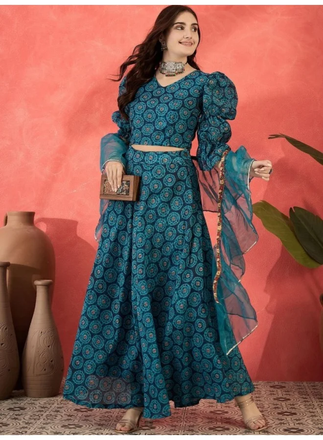 AKS Blue Digital Printed Organza Lehenga Choli Set