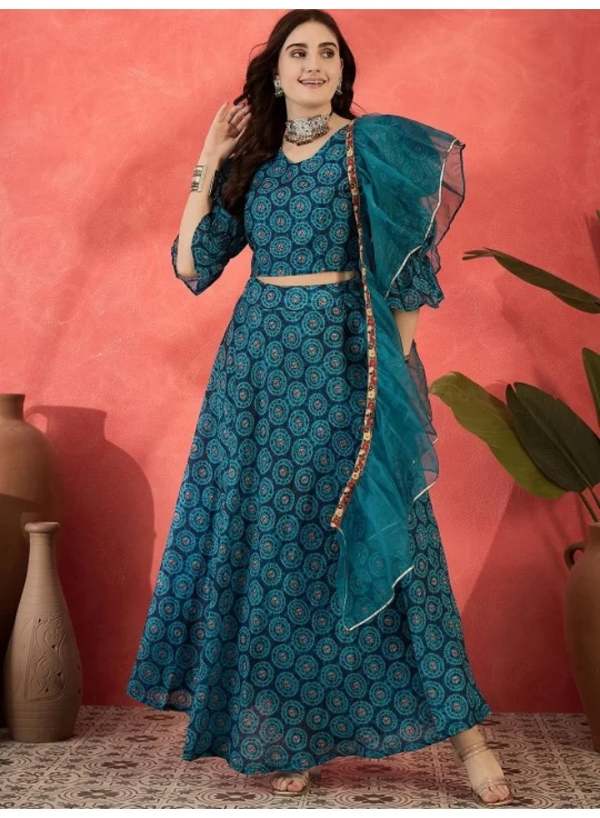 AKS Blue Digital Printed Organza Lehenga Choli Set