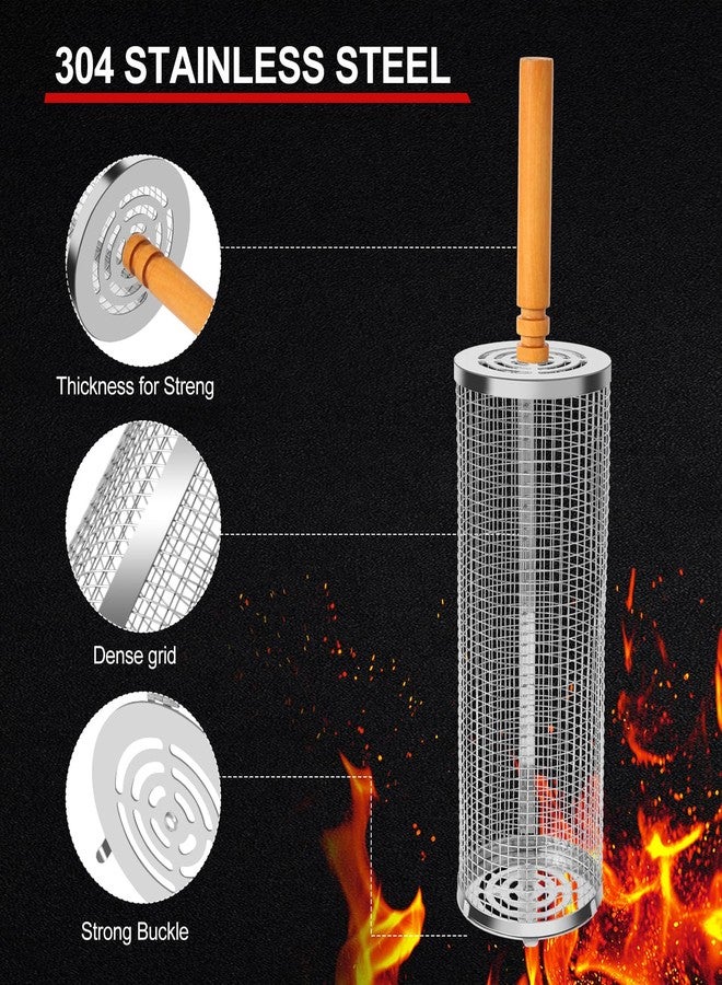 HOMPER 2PCS Nesting Grill Baskets with Removable Wooden Handles(11.8" x 3.9"), 304 Stainless Steel Rolling Barbecue Grill Mesh for Vegetables and Shrimp, BBQ Accessory Gifts for Men, BBQ Net Tube - Image 4