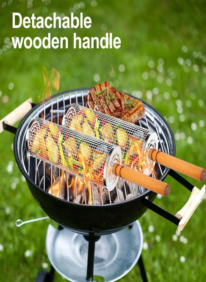 HOMPER 2PCS Nesting Grill Baskets with Removable Wooden Handles(11.8" x 3.9"), 304 Stainless Steel Rolling Barbecue Grill Mesh for Vegetables and Shrimp, BBQ Accessory Gifts for Men, BBQ Net Tube - Image 5
