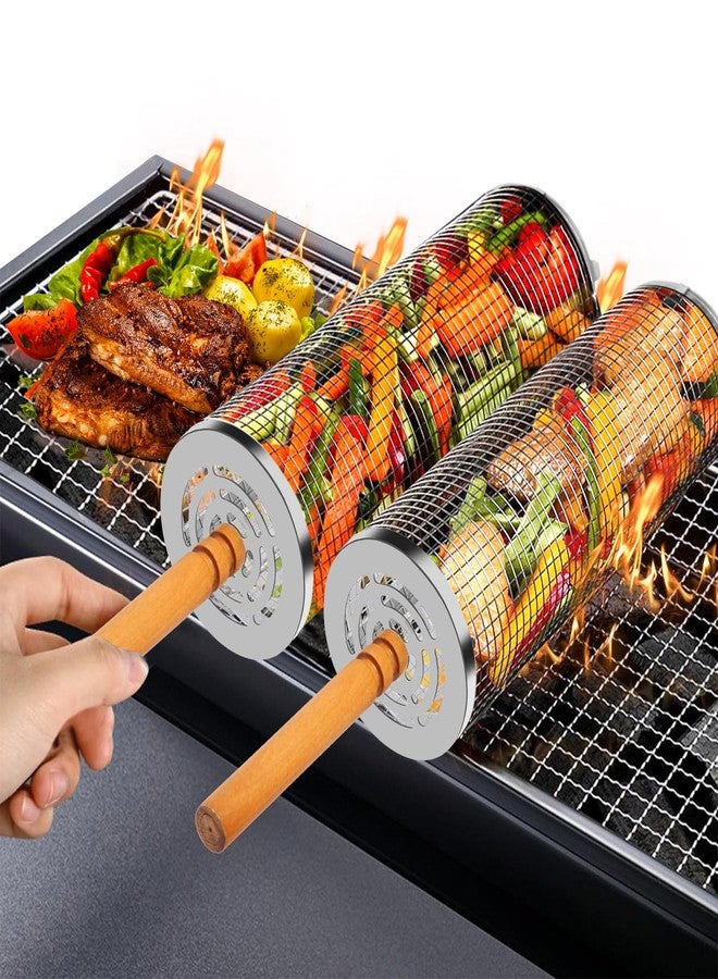 HOMPER 2PCS Nesting Grill Baskets with Removable Wooden Handles(11.8" x 3.9"), 304 Stainless Steel Rolling Barbecue Grill Mesh for Vegetables and Shrimp, BBQ Accessory Gifts for Men, BBQ Net Tube - Image 1