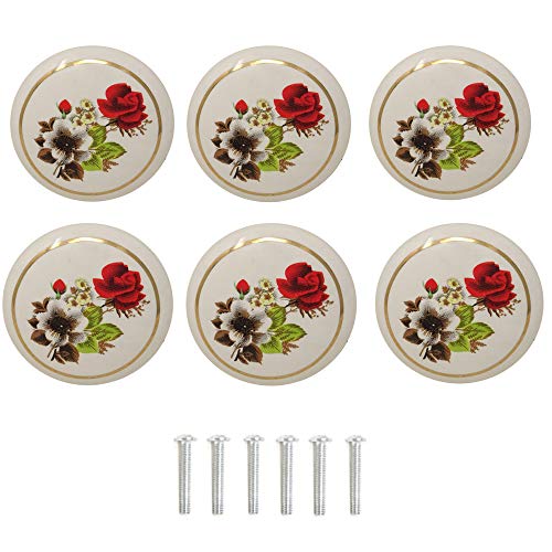 yueton 6Pcs 1-1/2 inch Hand Painted Ceramic Knobs Kitchen Cabinet Retro Vintage Door Drawer Handles Pulls for Dresser Cupboard Wardrobe (Red Rose) - Image 1