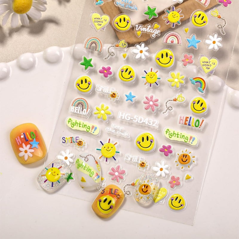 SIMAYKUWA 5D Embossed Smiley Face White Daisy Nail Stickers - Floral Face Nail Art Decorations for Manicure A Set of 2 Sheets - Image 4