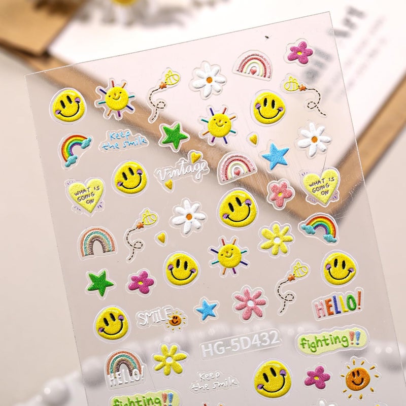 SIMAYKUWA 5D Embossed Smiley Face White Daisy Nail Stickers - Floral Face Nail Art Decorations for Manicure A Set of 2 Sheets - Image 5
