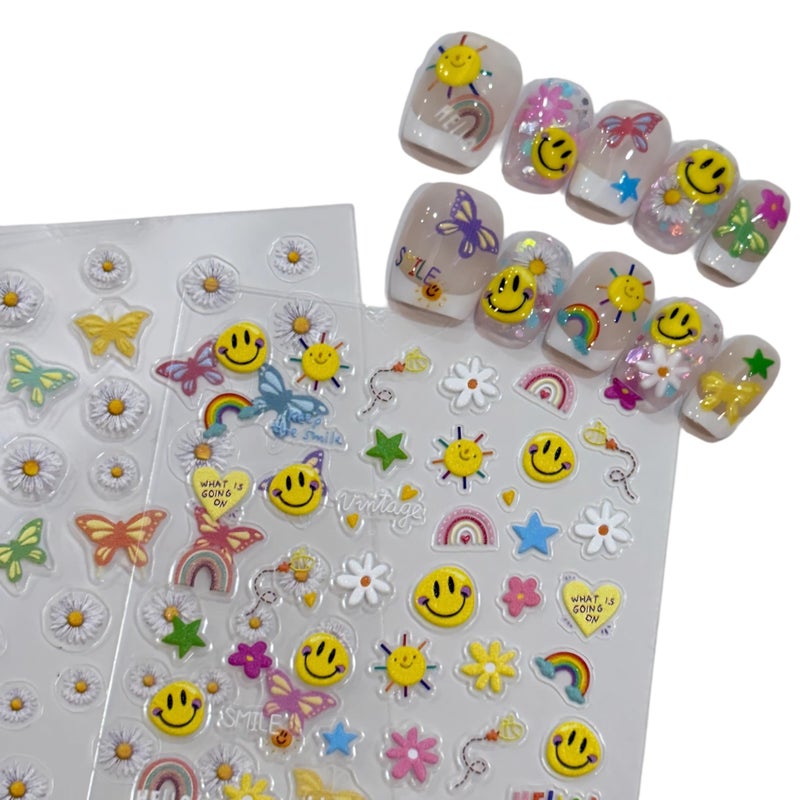 SIMAYKUWA 5D Embossed Smiley Face White Daisy Nail Stickers - Floral Face Nail Art Decorations for Manicure A Set of 2 Sheets - Image 1