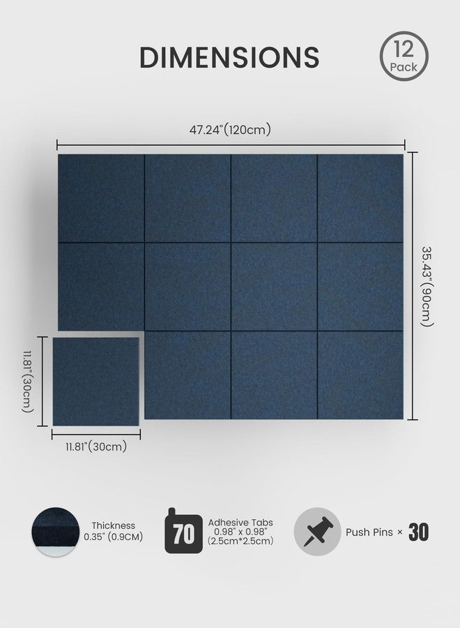 Bumusty Large Cork Board 48" x 36" Alternative - 12 Pack Felt Wall Tiles with 70 Safe Removable Adhesive Tabs, 30 Pushpins, Cork Boards for Walls Pin Board Bulletin Board Office Decor (Navy Blue) - Image 2