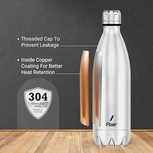Flair Thermosteel Triumph 750ml Insulated Bottle – Silver & Black, Upto 24 Hours Hot and Cold, Leak Proof, BPA Free, Ideal for Travel, Hiking, Travel Bottle and Everyday Use - Image 3