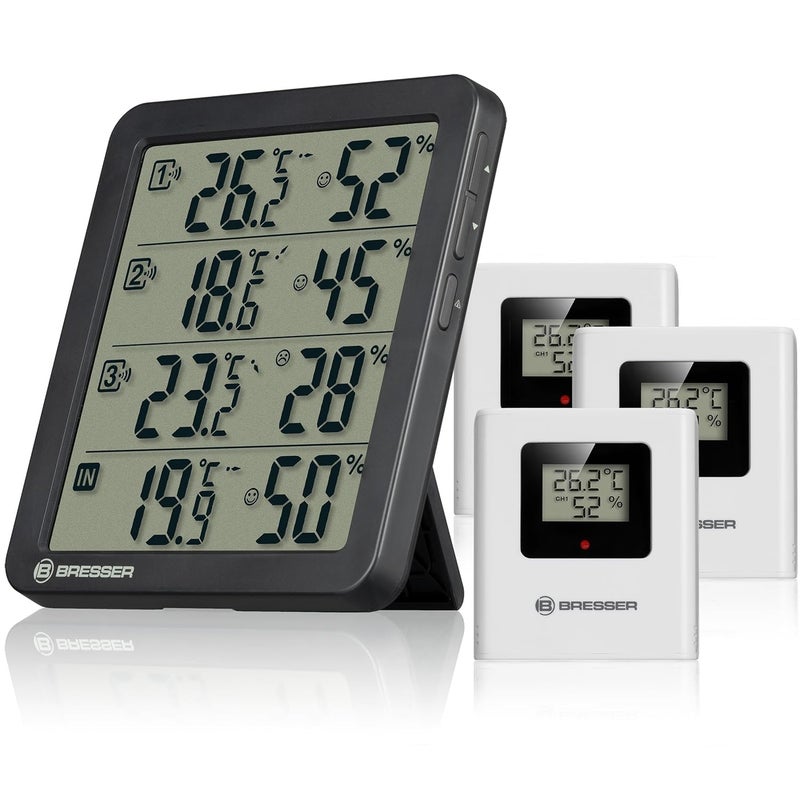 BRESSER Quadro NV Thermo-Hygrometer with 4 Measuring Points, Integrated Sensor and 3 Wireless Sensors, Smiley Comfort Indicator, Min/Max Memory, IP44 Foldable - Image 1