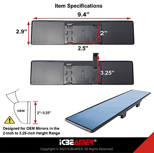 ICBEAMER 9.4" ICBEAMER Clip On Rear View Mirror | Flat Blue Tint, Panoramic Wide Angle HD Glass, Anti Glare, Universal Fit for Car, SUV, Truck | Eliminates Blind Spots (1 Pack) - Image 5