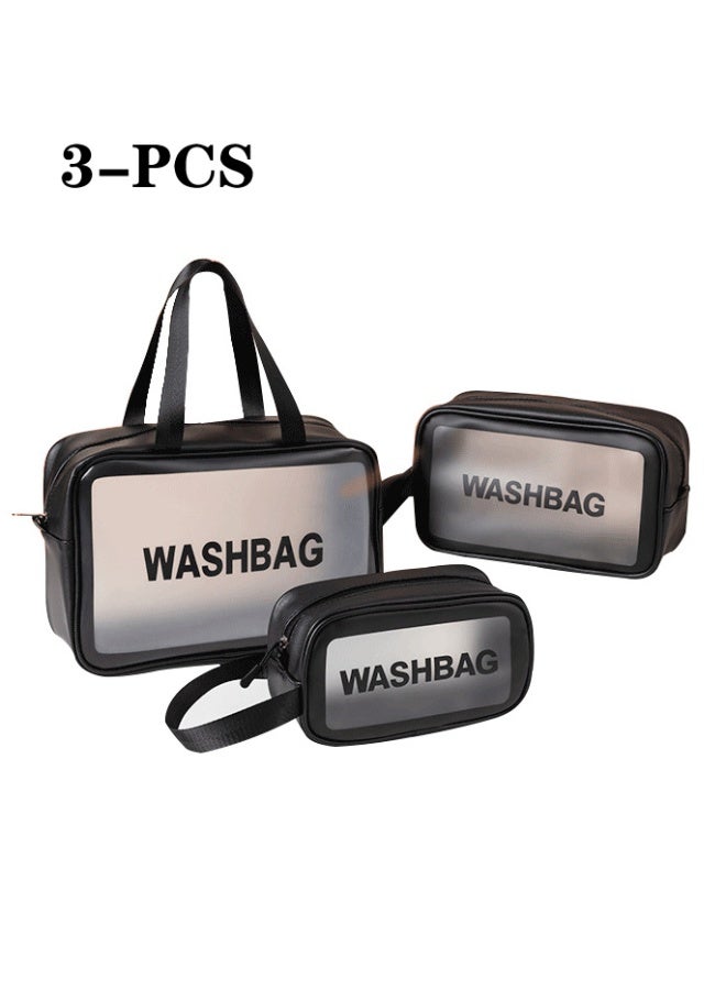 3 Pack Matte Translucent Waterproof Travel Wash Bags, Large/Medium/Small Portable Handle Cosmetic Toiletry Bag, Large Capacity Organizer for Toiletries Skincare, Travel Camping Use(Black) - Image 1