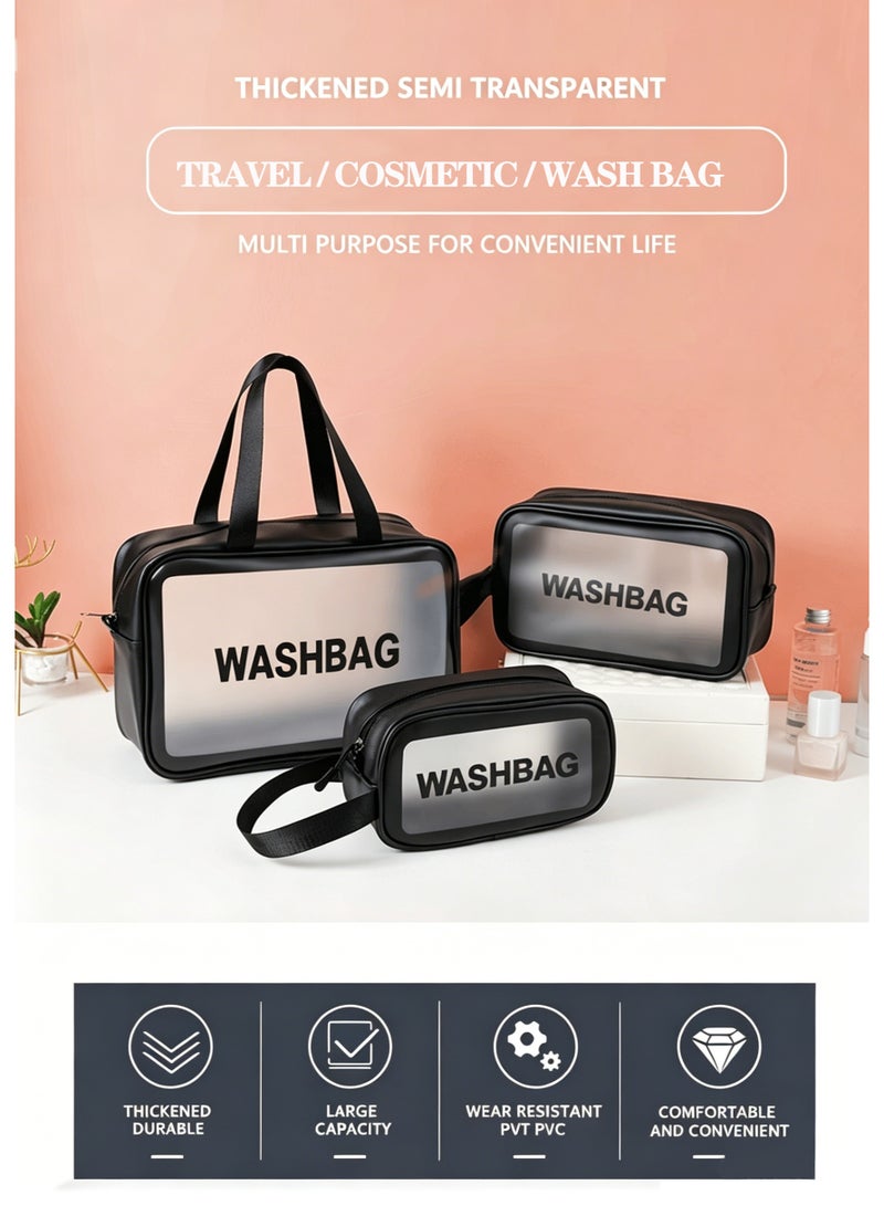 3 Pack Matte Translucent Waterproof Travel Wash Bags, Large/Medium/Small Portable Handle Cosmetic Toiletry Bag, Large Capacity Organizer for Toiletries Skincare, Travel Camping Use(Black) - Image 3