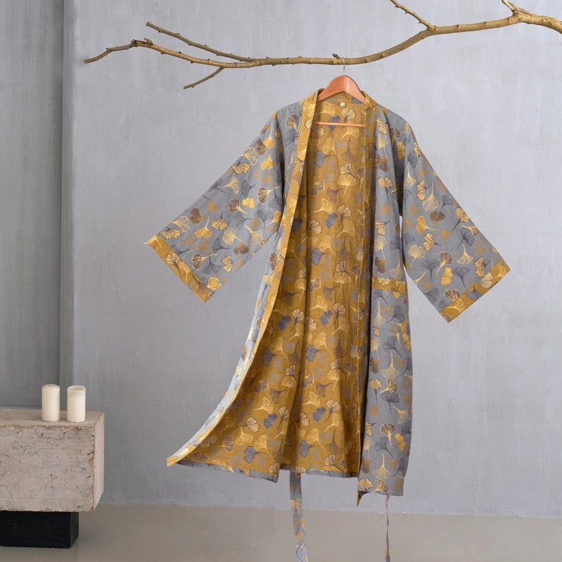 Kimono Robe Purefair 100% Cotton Gauze Ginkgo Leaf Print - Image 2