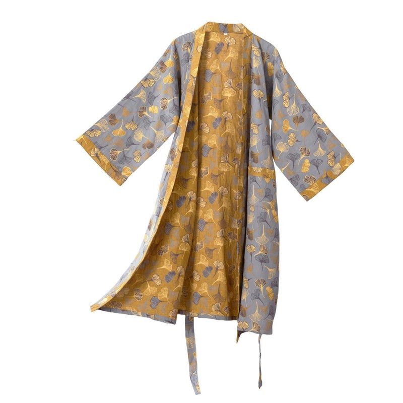 Kimono Robe Purefair 100% Cotton Gauze Ginkgo Leaf Print - Image 1