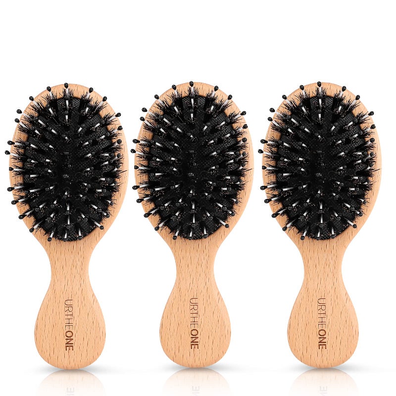 URTHEONE 3Pcs Hair Brush Mini Boar Bristle Hairbrush for Thick Curly Thin Long Short Wet or Dry Hair, Pocket Travel Small Paddle Hair Brush for Men Women Kids Detangle Massage Add Shine - Image 1