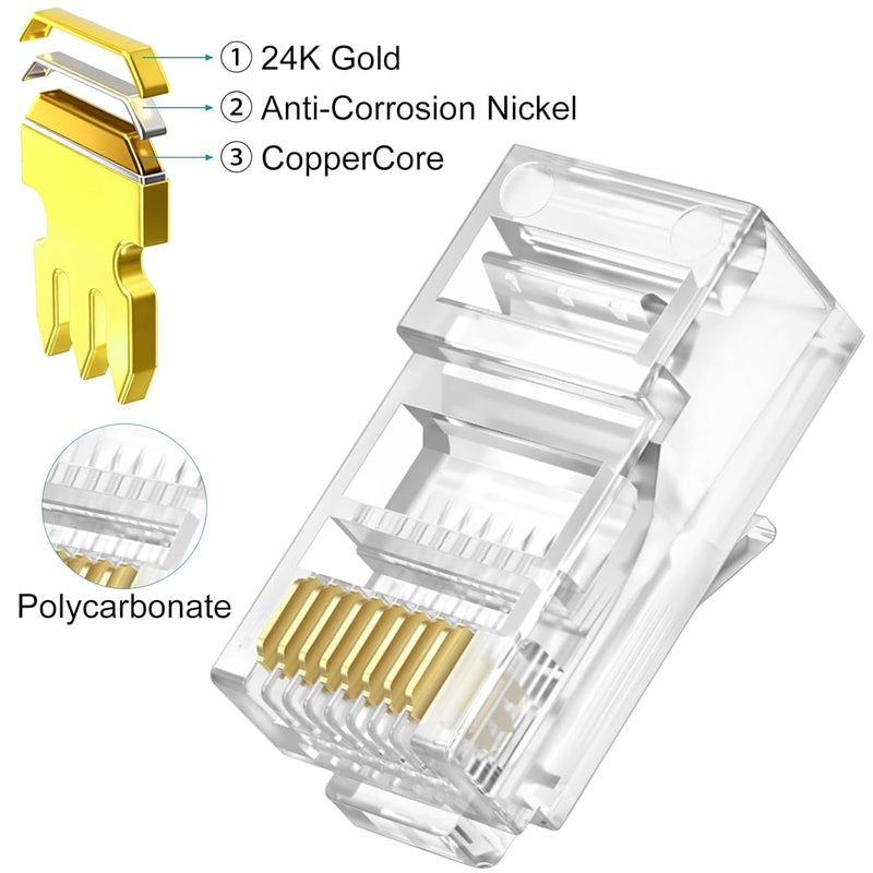 Brileine عبوة المكونة من 100 وصلة RJ45 من نوع Cat6 قابلة للمرور، مزودة بغطاء للأجزاء الخارجية من الوصلات (وصلات من نوع Cat6/Cat5e/أطراف إيثرنت/Cat6/مقابس قابلة للتوصيل من نوع RJ45)، مناسبة لكابلات UTP سواء كانت مفردة أو متعددة الأسلاك. - Image 4