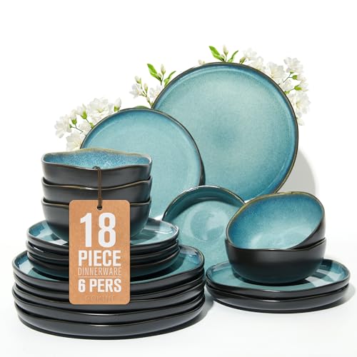 Pokini 18 Piece Dinnerware Sets for 6, Green Black Reactive Glaze Stoneware | Irregular Artisan Style for Family Dinners, Weekend Gatherings | Scratch‑Resistant, Microwave & Dishwasher Safe - Image 1