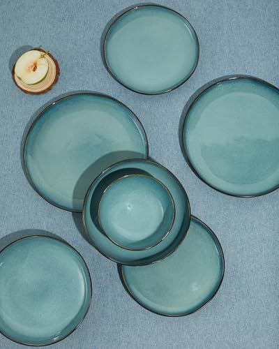 Pokini 18 Piece Dinnerware Sets for 6, Green Black Reactive Glaze Stoneware | Irregular Artisan Style for Family Dinners, Weekend Gatherings | Scratch‑Resistant, Microwave & Dishwasher Safe - Image 3