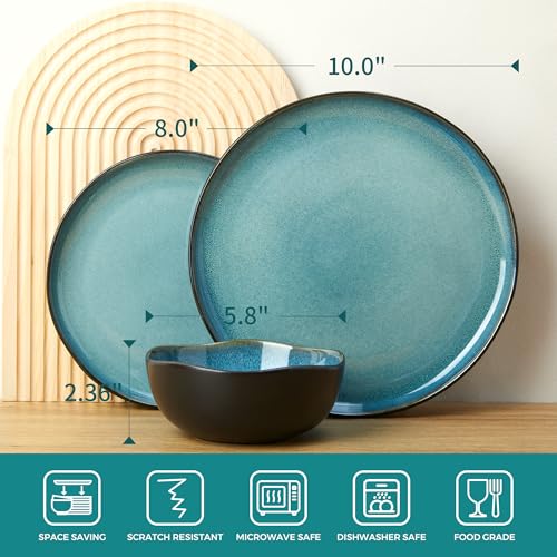 Pokini 18 Piece Dinnerware Sets for 6, Green Black Reactive Glaze Stoneware | Irregular Artisan Style for Family Dinners, Weekend Gatherings | Scratch‑Resistant, Microwave & Dishwasher Safe - Image 2