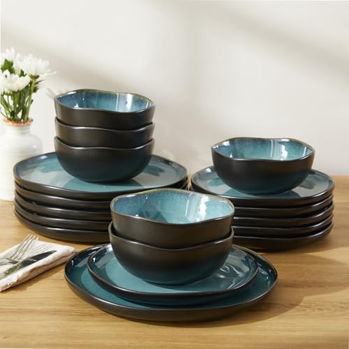 Pokini 18 Piece Dinnerware Sets for 6, Green Black Reactive Glaze Stoneware | Irregular Artisan Style for Family Dinners, Weekend Gatherings | Scratch‑Resistant, Microwave & Dishwasher Safe - Image 5