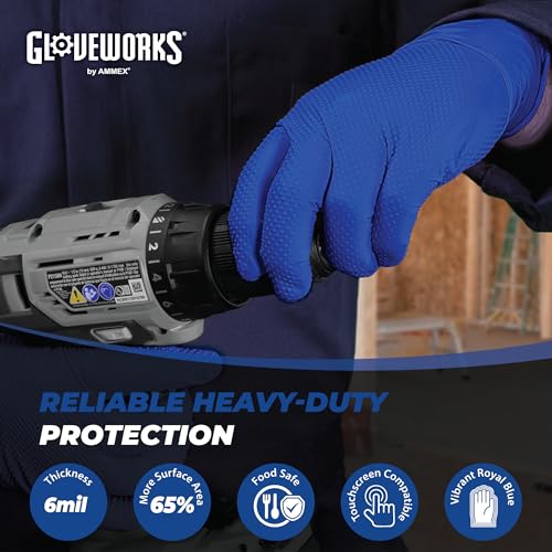 GLOVEWORKS HD Royal Blue Nitrile Industrial Disposable Gloves, 6 Mil Latex-Free Raised Diamond Texture, X-Large, Case of 1000 - Image 2