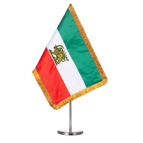 Homissor Iran Table Flag - Former Iranian Lion and Sun Desk Flags 20x30 cm Persia with Adjustable Stand Pole from 24 to 42 Cm - Satin Double Sided - Image 1