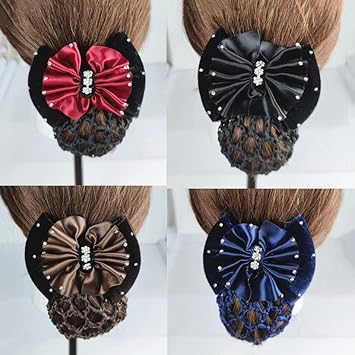 UPSTORE 1Pcs Black Rhinestone Satin Snood Net Bow Barrette Hair Clip Bun Cover Women Girls Bowknot Bun Snood Hairnet French Hair Clip Hair Accessories - Image 5