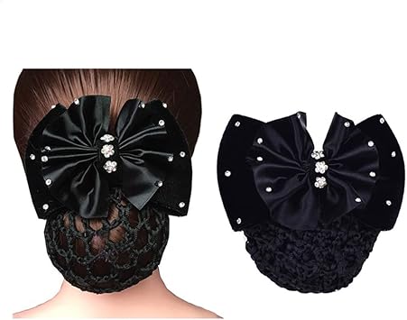 UPSTORE 1Pcs Black Rhinestone Satin Snood Net Bow Barrette Hair Clip Bun Cover Women Girls Bowknot Bun Snood Hairnet French Hair Clip Hair Accessories - Image 1