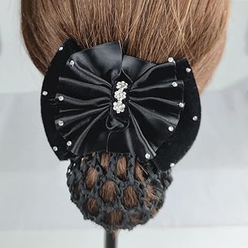 UPSTORE 1Pcs Black Rhinestone Satin Snood Net Bow Barrette Hair Clip Bun Cover Women Girls Bowknot Bun Snood Hairnet French Hair Clip Hair Accessories - Image 4