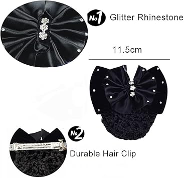 UPSTORE 1Pcs Black Rhinestone Satin Snood Net Bow Barrette Hair Clip Bun Cover Women Girls Bowknot Bun Snood Hairnet French Hair Clip Hair Accessories - Image 2